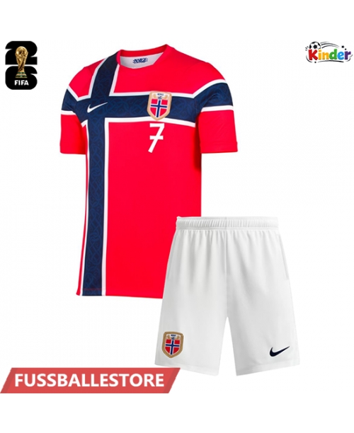 Günstige Norwegen Alexander Sorloth #7 Heimtrikotsatz Kinder WM 2026 Kurzarm (+ Kurze Hosen)